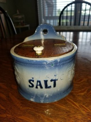 Antique Stoneware Salt Cellar Box With Lid,  Crock,  Salt Glazed,  Raised Grapes