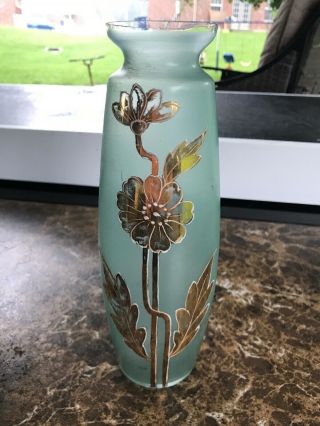 Bohemian Translucent Green Glass Vase With Painted Gold Flowers