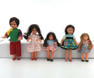 Dollhouse Doll X 5 Girls 1950s 70s Celluloid Hard Plastic 3 To 4.  5in Germany Vtg