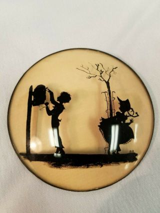 Antique Reverse Painting - Silhouettes In Curved Glass - 3 1/2 "
