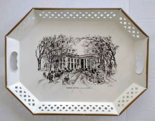 Vintage Nashco Tray White House Scene 1870s Hand Painted Black White Toleware