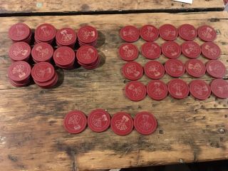 74 Antique Engraved Clay Heart Hearts Flush Poker Chips Red