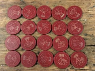 74 Antique Engraved Clay Heart Hearts Flush Poker Chips Red 2