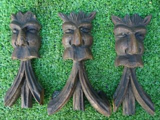 Trio: Gothic 19thc Wooden Oak Corbels With Grotesque Head Carvings C180s