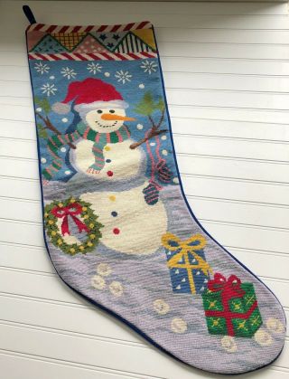 Large 36 Inch Wool Needlepoint Snowman Christmas Stocking Vintage Blue