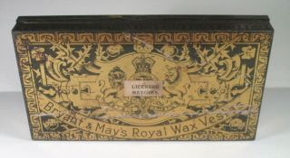 Pat 1870 - Bryant & May Match Stick Tin - Royal Wax Vestas Tin W/ Peacocks,