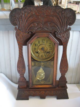 Antique Haven Clock Co Gingerbread Mantel Clock Art Nouveau Florals Tulips