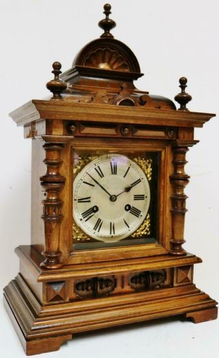 Antique German Carved Mahogany Architectural 8 Day Gong Striking Bracket Clock