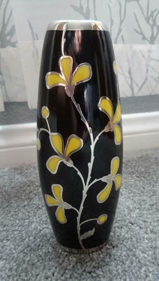 Thomas Bavaria Black/yellow Porcelain Porzellan Vase W/ Solid Silver Overlay