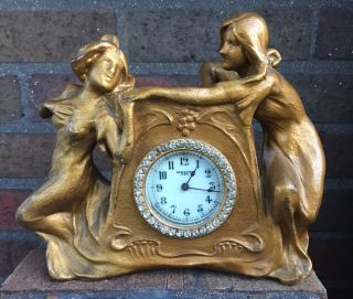 Rare Art Nouveau Haven Clock Co.  Gilt Bronze Figural Myth Rhinestone Clock