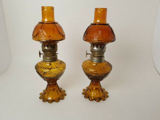 Matching Vintage Small Amber Glass Oil Lamps Made In Hong Kong Chimney Pedestal