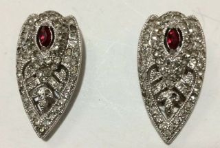 Clip On Art Deco Crystal Earrings Rhinestone Triangle Red/silver Vintage Style