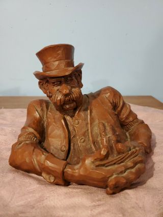 Figure: Red Mill Mfg,  Hand Carved Man Playing Cards W/mustache,  Wetherbee 93 Vtg