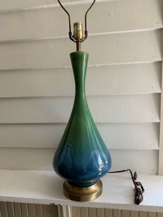 Vintage Blue Green Drip Glaze Ceramic Lamp Mid Century Modern 60s 70s