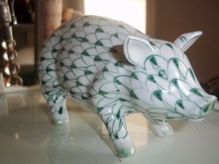 Herend Style Green Fishnet Porcelain Hand - Painted Pig Figurine Hog Vintage Boy
