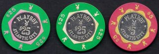 3 Different Playboy Atlantic City Casino Chips - 2 X $25 And 1 X $5
