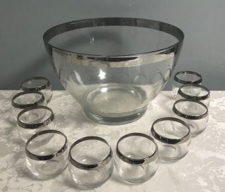 Vtg Dorothy Thorpe Punch Bowl Silver Rim Glass Large 7 " H 11 " W Roly Poly Etched