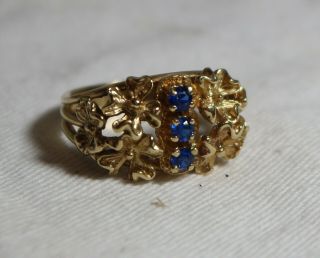 Unusual Vintage 10k Yellow Gold Ring W/ Carved Flowers Around Blue Stones Sz 6,