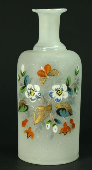 Antique Victorian Blown Bristol White Satin Glass Scent Bottle,  6 "