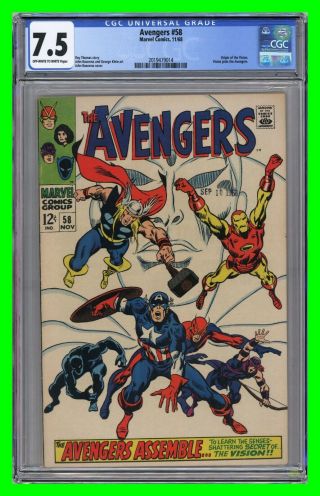 Avengers 58 1968 Marvel Origin Of Vision And Vision Joins Avengers Cgc 7.  5