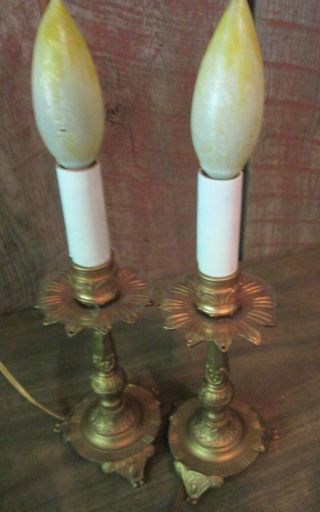 Pair Antique Vintage Brass Candlestick Lamps 8 1/2 " High