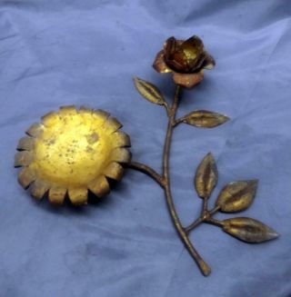 Vintage Old Wrought Iron Italian Gold Gilt Tole Candlestick Flower Holder Floral