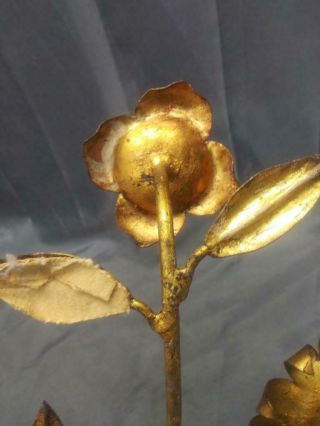 Vintage Old Wrought Iron Italian Gold Gilt Tole Candlestick Flower Holder Floral 3
