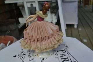 Vintage Porcelain Dresden Lace Volkstedt Ballerina Floral Dress Lady 3
