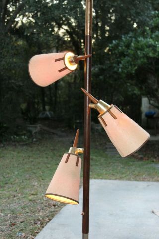 Vintage Large Tension Pole Lamp 3 Way Wood & Rattan Shades Light Mcm
