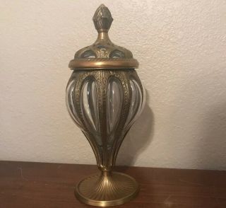 Vintage Unique Ornate Brass And Thick Bubble Glass Urn Jar 11 "