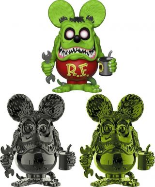 Funko Pop Rat Fink Sdcc 2019 Complete Set Of 3 Glow And Green And Grey Chrome