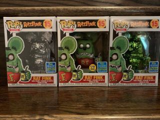 Funko Pop Rat Fink SDCC 2019 Complete Set Of 3 Glow and Green and Grey Chrome 2