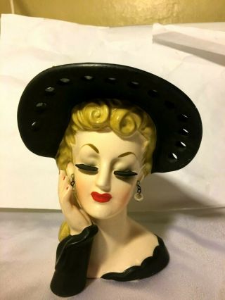 Vintage 1959 Napco Lady Head Vase Black Hat With Holes 5.  5 " Vgc