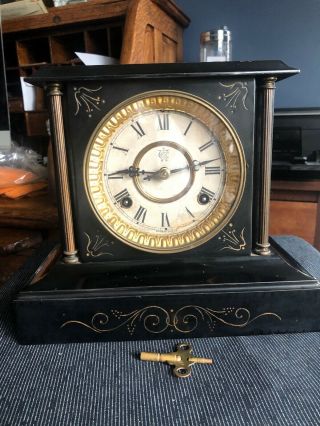 Antique Waterbury Marble Iron Pillar Mantle Clock Runs Perfect W/ Key