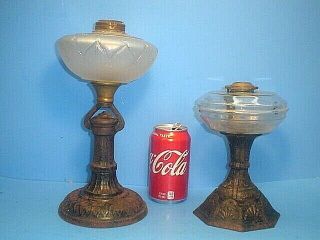 2 Antique Cast Iron Oil Lamps One Convertible To Table Or Wall For Restoration