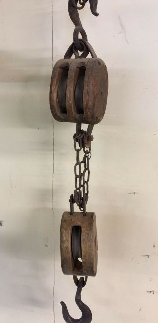 Set Of Two Antique Anvil Brand Block And Tackle Set.