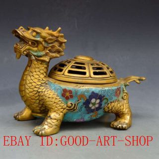 Chinese Antiques Brass Handwork Cloisonne Dragon Turtle Incense Burner L20