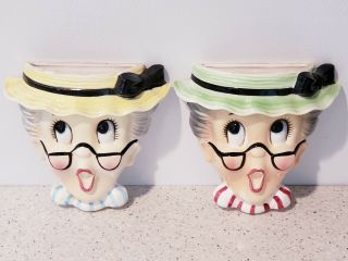 Pair (2) Vintage Enesco Japan Wall Pockets Granny Lady In Glasses And Hats