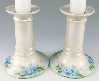 Vintage Hand Painted Porcelain Candle Holders Candlesticks Blue Forget Me Nots