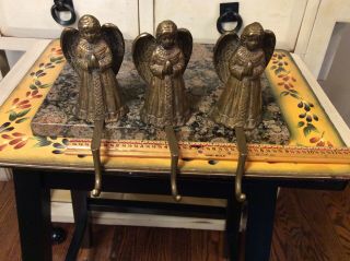 Set Of 3 Vintage Brass Angel Christmas Mantel Stocking Holder/hanger