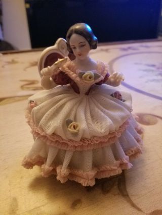 Antique Dresden Porcelain Lace Lady With Flower Figurine Sitting On Chair -