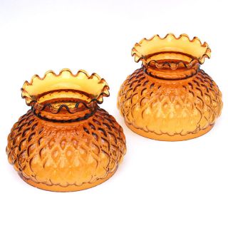 Vintage Amber Glass Student Oil Lamp Shades Diamond Quilt 7 " Fitter — 2