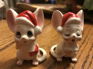 Vintage Lefton Christmas Mice Mouse Set Of 2 Ceramic Porcelain Miniatures