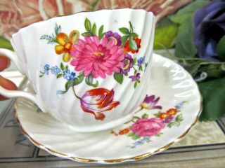 Aynsley Tea Cup And Saucer Floral Pink Rose Pattern English Teacup Swirls