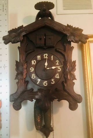 Antique Black Forest Cuckoo Clock 1800s Carved Human Faces Wooden Plate Movement