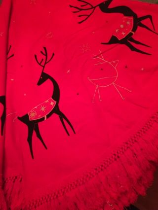 Vtg California Hand Prints - Round Fringed 60” Red Christmas Tablecloth W/reindeer