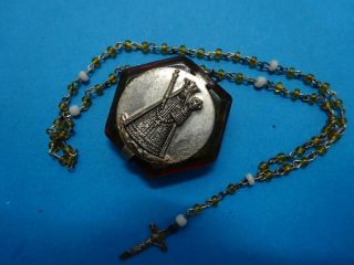 Antique Glass Locket Our Lady,  Tiny Glass Rosary