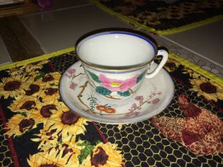Antique Chinese Asian Japanese Marked Cup Saucer Rose Floral Porcelain Ceramic