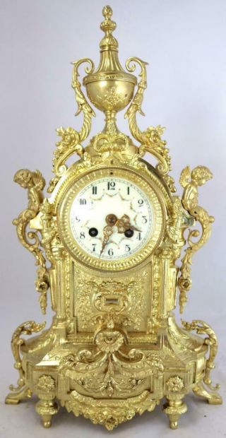 Large Antique French Mantle Clock Stunning 1880 ' s Embossed 8 day Gilt Bronze 2