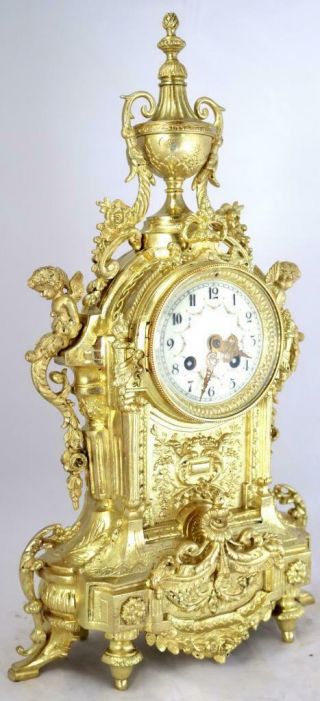 Large Antique French Mantle Clock Stunning 1880 ' s Embossed 8 day Gilt Bronze 3